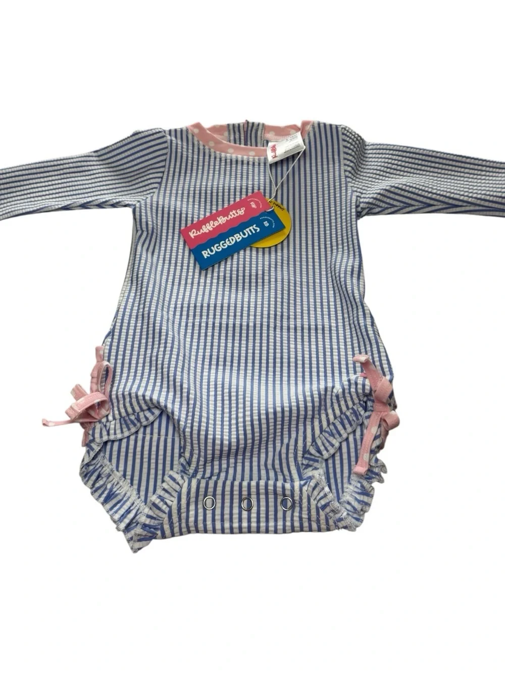 Ruffle Butts Blue-and-Pink Seersucker  Rashguard 6-12 Month Swimsuit